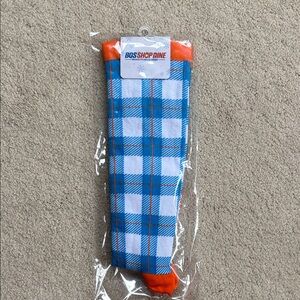 Blue Plaid Men's Socks with Orange Accents